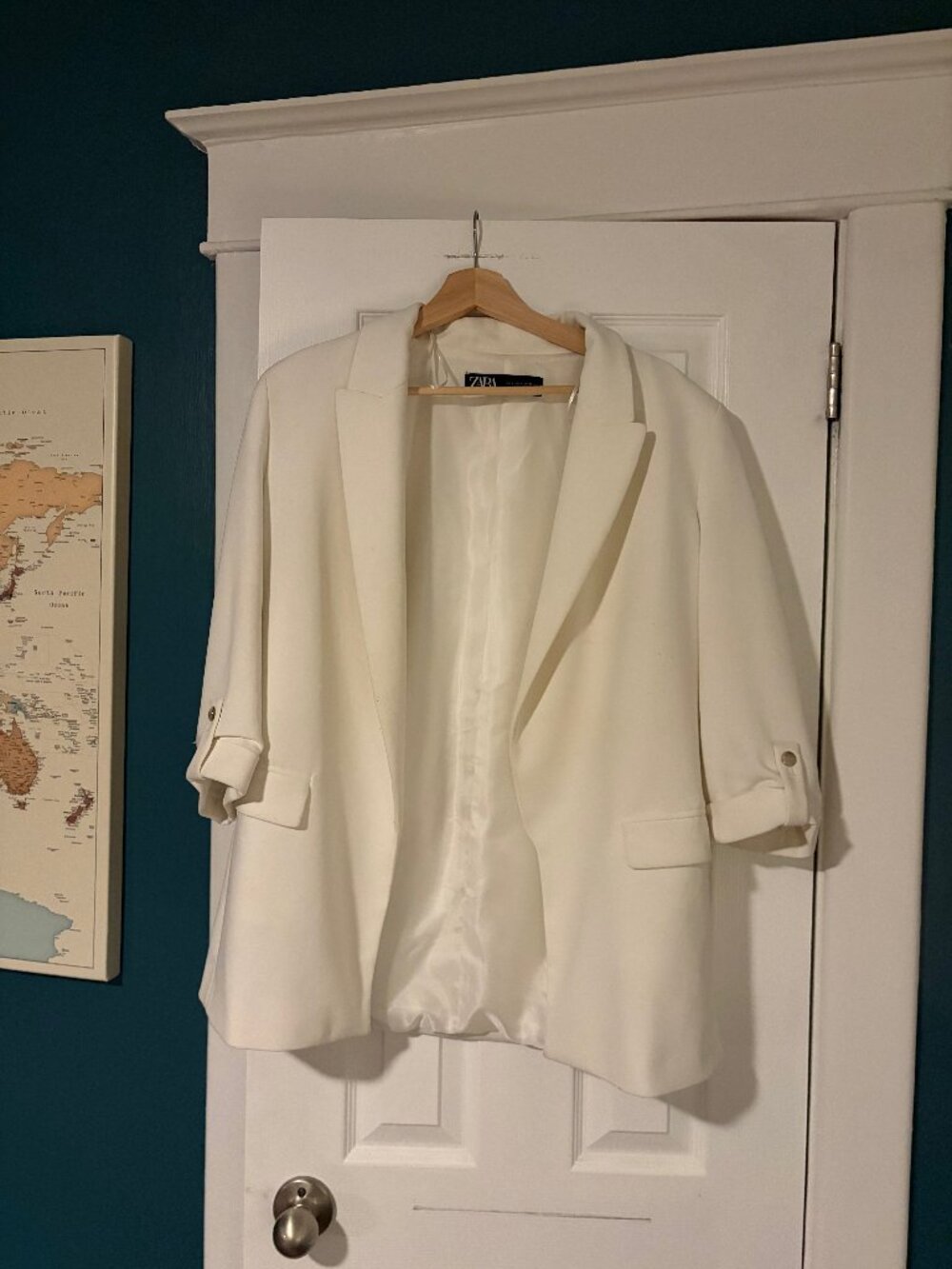 Zara White Oversized Blazer Roll Tab Sleeve Peak Lapel Open Front Jacket Size L